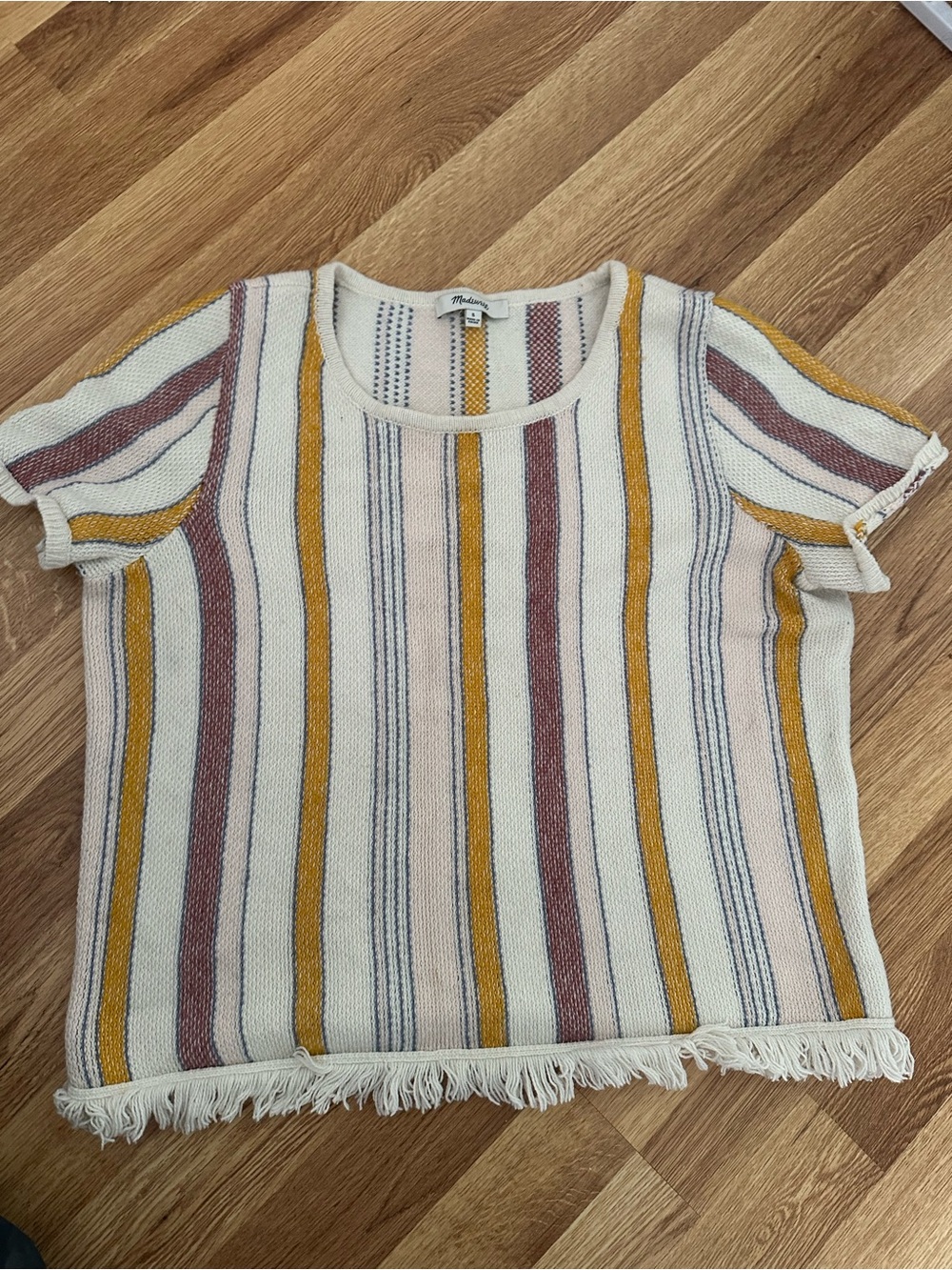 Madewell Cream Short Sleeve Striped Fringe Hem Top with Mustard & Dusty Rose